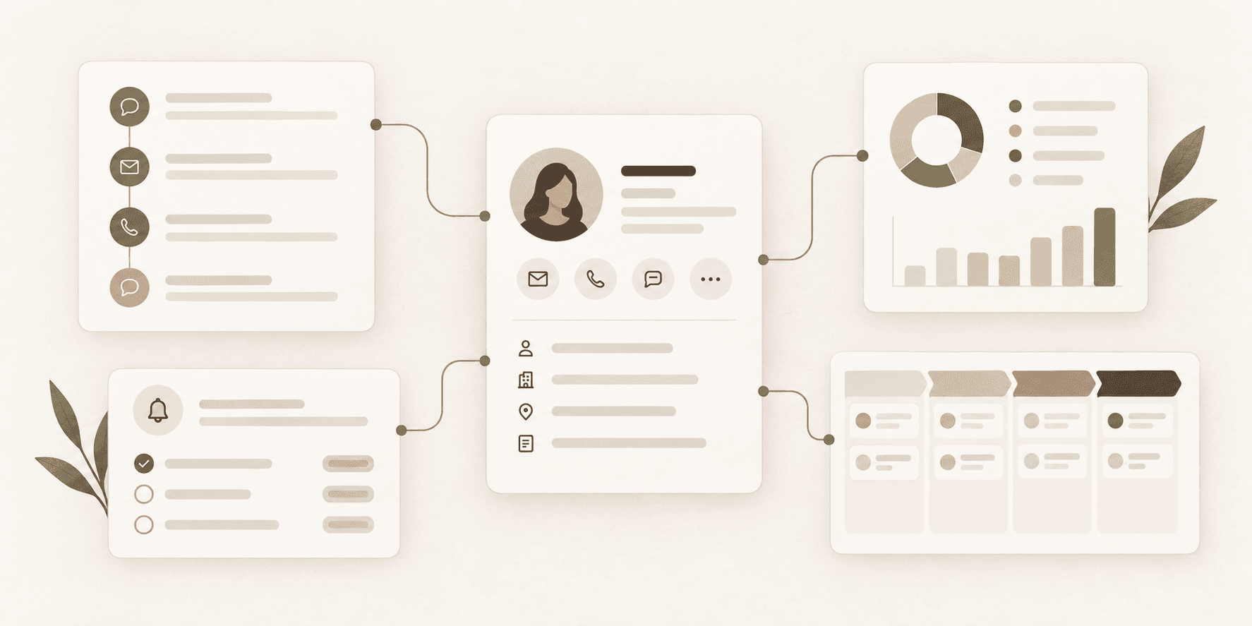 Illustration of a customer profile connected to conversations, reminders, analytics, and a sales pipeline.